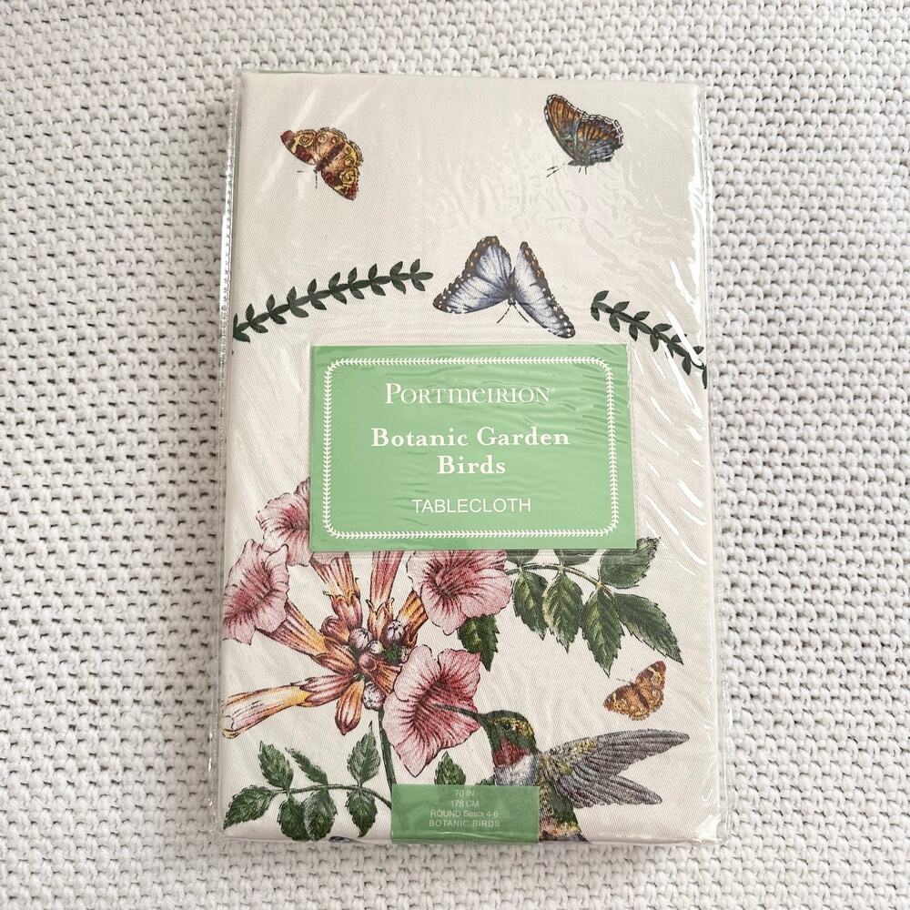Portmeirion White Botanic Garden Birds New Sealed Tablecloth 70" Round Seats 4-6